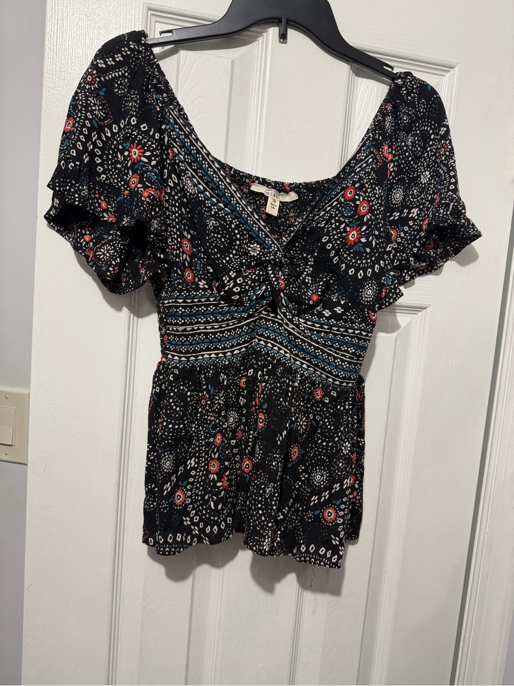 Black Floral Knot-Front Peasant Blouse